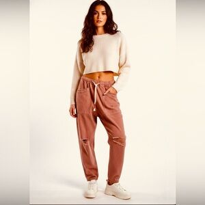 Lilyful Boho Distressed Drop Crotch Utility Pants - Mauve - Size M